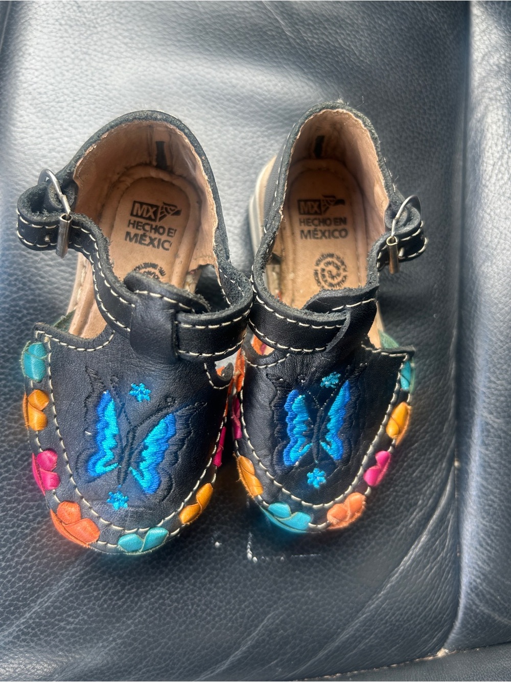 MEXICANA Black Kids Sandals with Blue Butterfly Embroidery